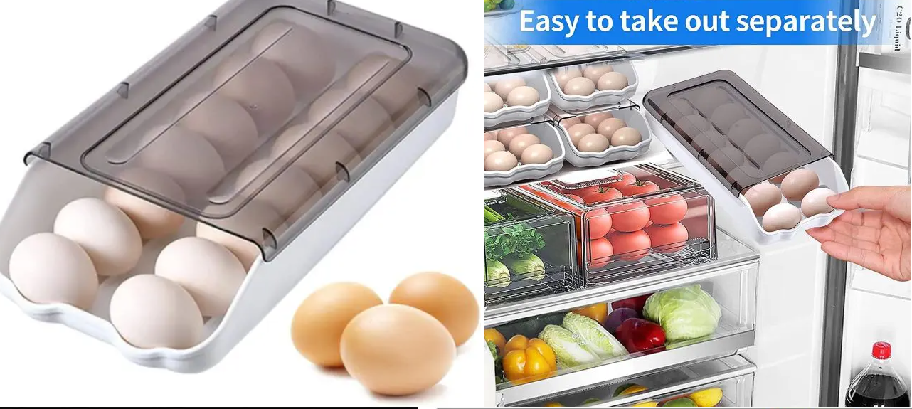 High Quality Auto Scrolling Egg Storage Holder Kitchen Egg Holder Refrigerator Egg Organizer with Lid